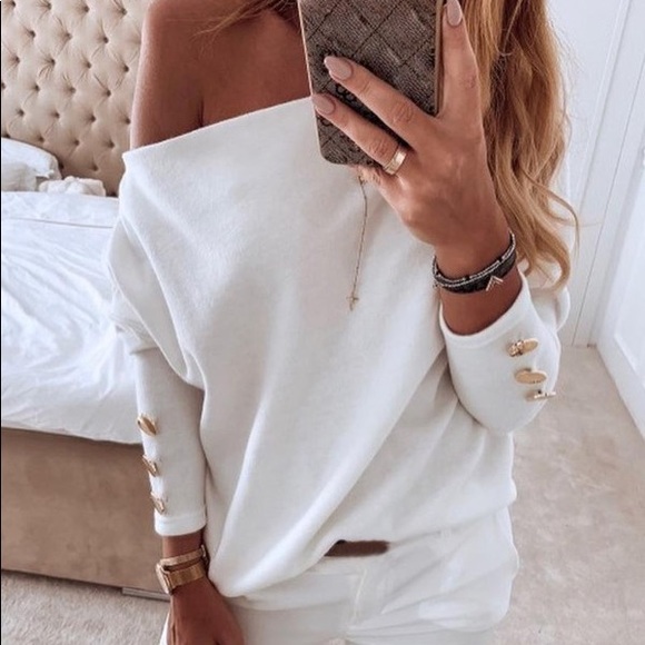 NEW off shoulder button sweater - Picture 2 of 8